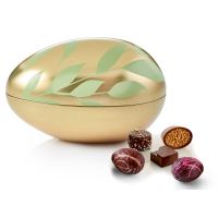 Stort metal Påskeæg - GULD med grønne blade_lux chokolade og luxæg