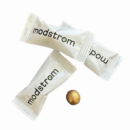 Danske flowpakkede chokoladekugler med logo