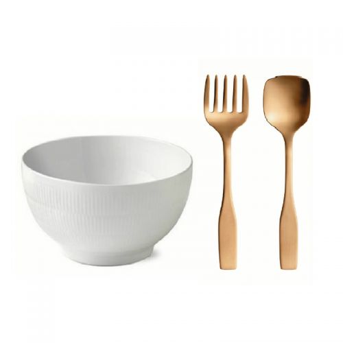 Royal Copenhagen hvid riflet Salatskål og Iittala Salatbestik rosegold