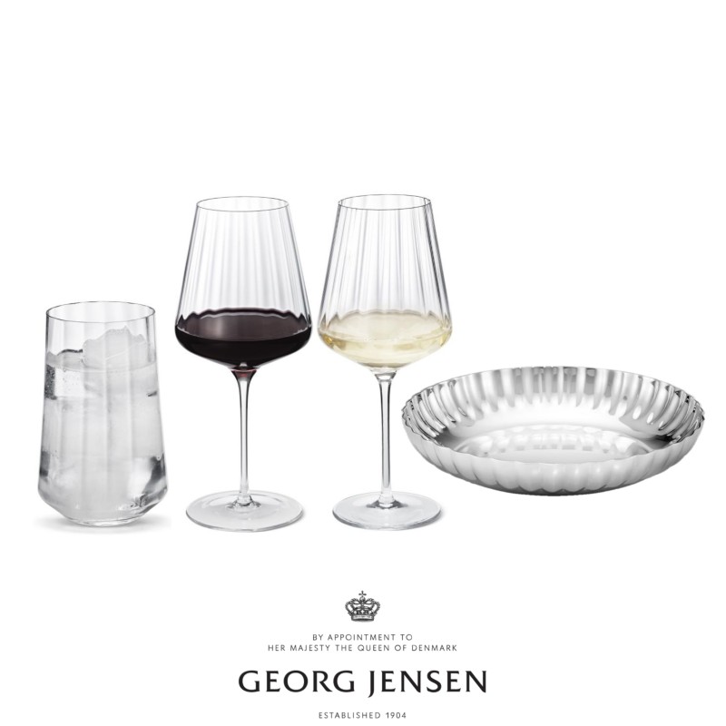 Georg Jensen Bernadotte RED WINE GLASS, 54 cl., WHITE WINE GLASS, 43 cl., TALL TUMBLER GLASS, 38 cl. og SNACK PLATE 17.5 cm