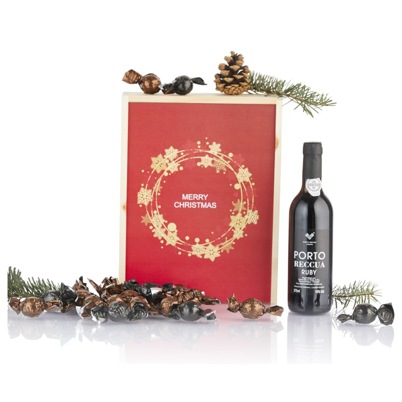 Portvin og Cocoture fyldte chokoladekugler i sort og lysebrun i mini woodbox. 700g