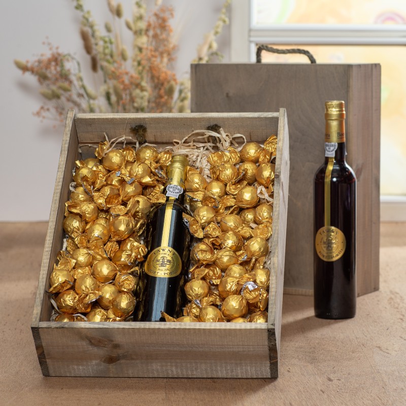 Trækasse m/ Port Tawny og Chokoladekugler